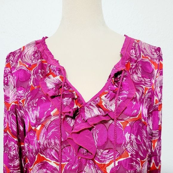 TORY BURCH Woman's Tunic Blouse Geometric Print Silk Blend 3/4 Sleeve Size 8 - Picture 2 of 11
